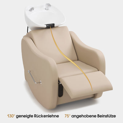 BarberPub Friseurstuhl mit Waschbecken, Klappbare Beinstütze, Friseurwaschbecken aus Keramik Verstellbar, Moderner Friseurwaschsessel für SPA Salon, Friseur Waschplatz 8617 (Beige/Kunstleder)