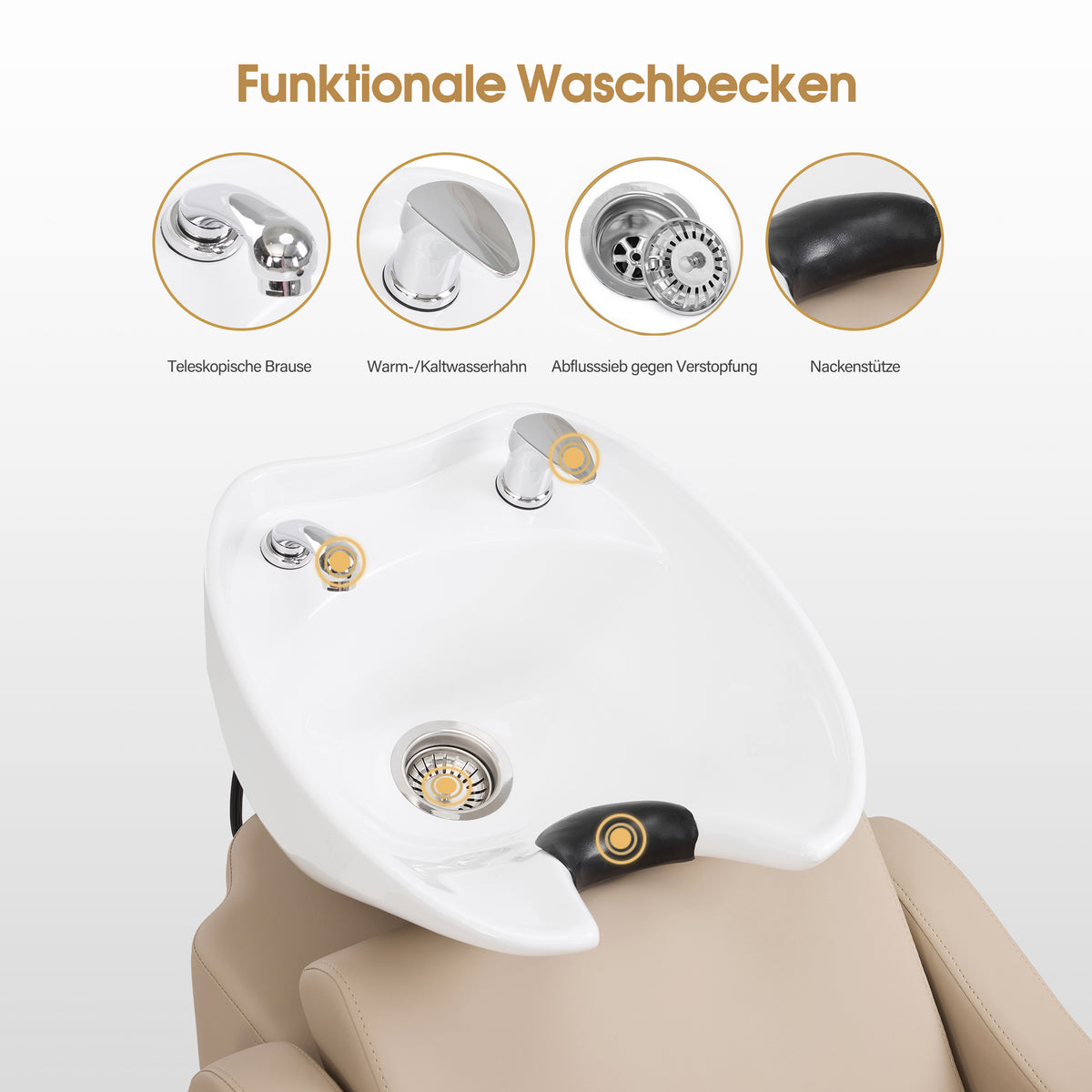 BarberPub Friseurstuhl mit Waschbecken, Klappbare Beinstütze, Friseurwaschbecken aus Keramik Verstellbar, Moderner Friseurwaschsessel für SPA Salon, Friseur Waschplatz 8617 (Beige/Kunstleder)