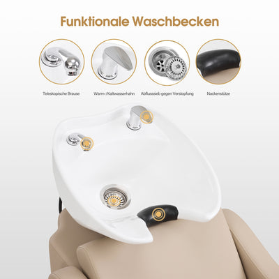 BarberPub Friseurstuhl mit Waschbecken, Klappbare Beinstütze, Friseurwaschbecken aus Keramik Verstellbar, Moderner Friseurwaschsessel für SPA Salon, Friseur Waschplatz 8617 (Beige/Kunstleder)