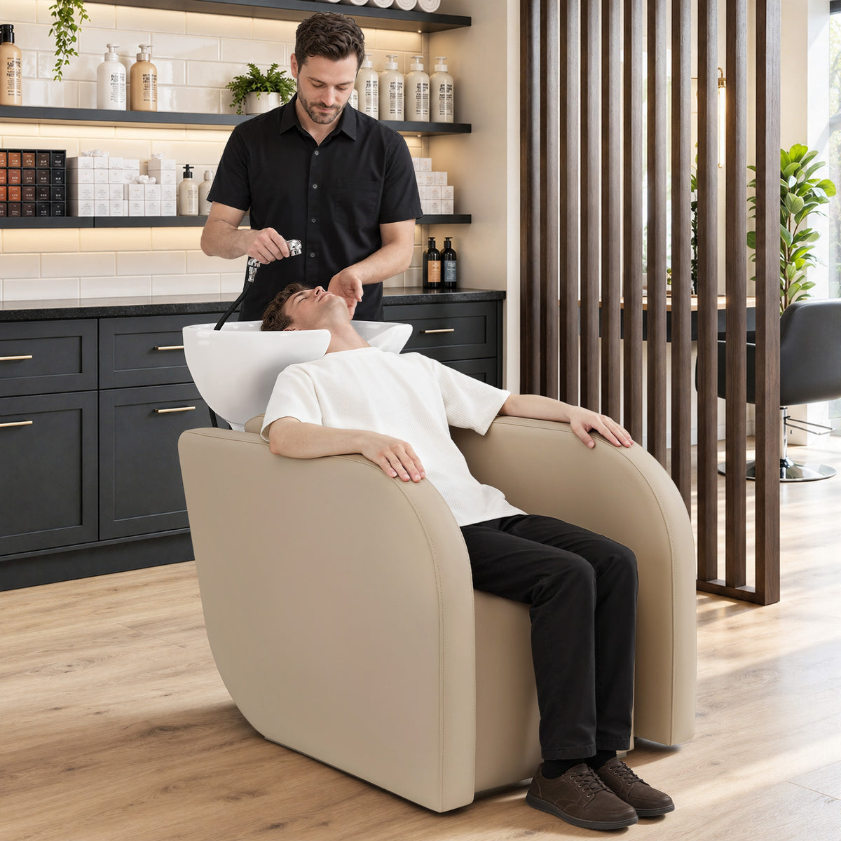 BarberPub Elektrische Friseurstuhl mit Waschbecken & Knetmassage, Elektrische Beinstütze, Friseurwaschbecken aus Keramik Verstellbar, Friseurwaschsessel für SPA Salon W8623