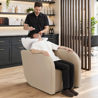 BarberPub Elektrische Friseurstuhl mit Waschbecken & Knetmassage, Elektrische Beinstütze, Friseurwaschbecken aus Keramik Verstellbar, Friseurwaschsessel für SPA Salon W8623