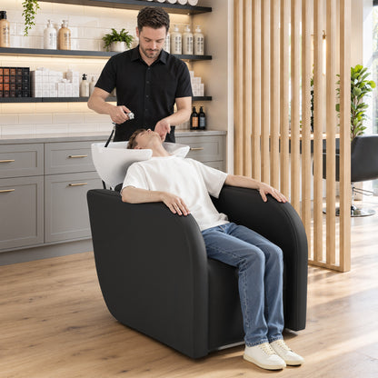 BarberPub Elektrische Friseurstuhl mit Waschbecken & Knetmassage, Elektrische Beinstütze, Friseurwaschbecken aus Keramik Verstellbar, Friseurwaschsessel für SPA Salon W8623