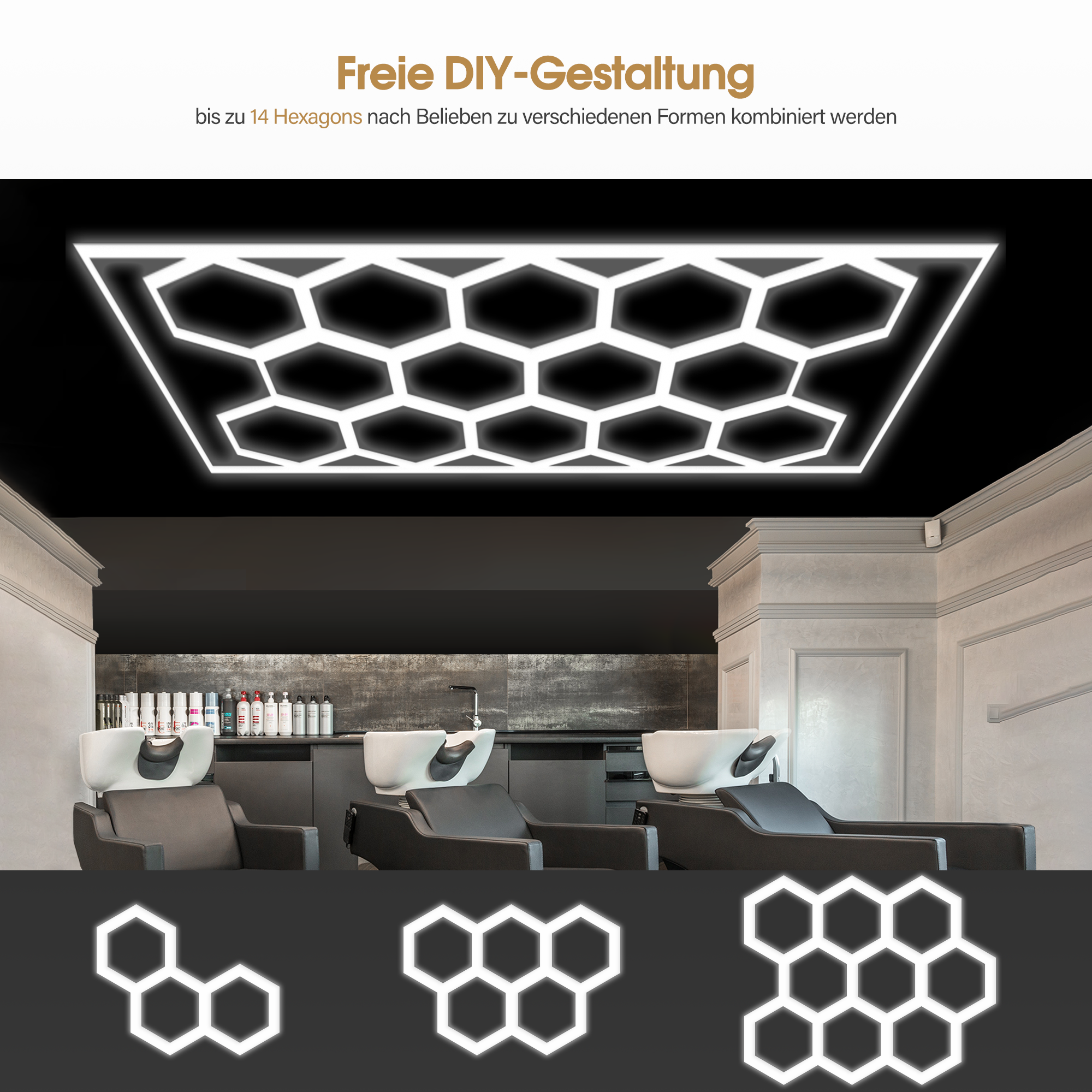 Éclairage LED hexagonal pour garage, 68 970 lm, 6 500 K, pour atelier, salon de coiffure, grille 14 