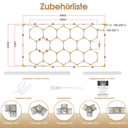 Éclairage LED hexagonal pour garage, 68 970 lm, 6 500 K, pour atelier, salon de coiffure, grille 14 