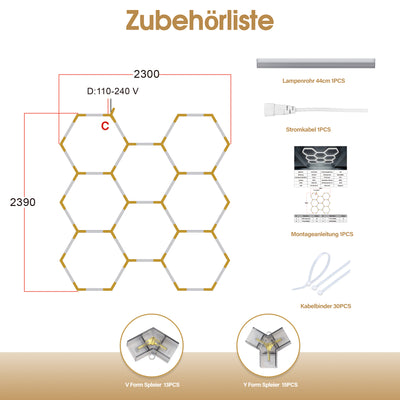 BarberPub Hexagon LED Garage Light, 30240LM 6500K Hexagon LED Beleuchtung für Werkstatt, Friseursalon, PVC Abdeckung 8 Grid, (LP008/nicht dimmbar)