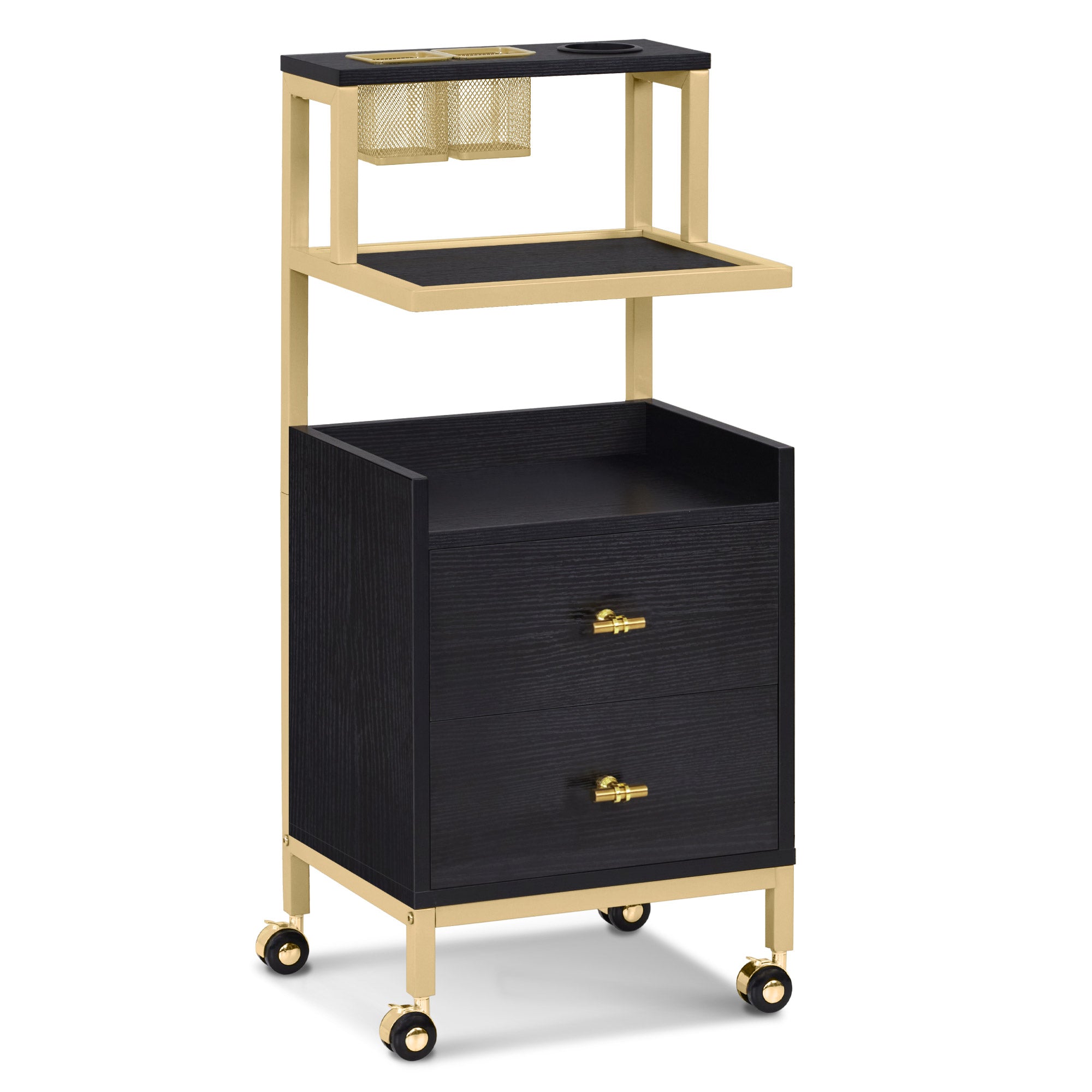 Chariot de coiffure BarberPub à roulettes et 2 tiroirs, chariot de service roulant, chariot de salon avec 2 étagères et support pour sèche-cheveux, chariot de travail moderne pour salle de bain et salon, 32 x 37 x 87 cm, 0029