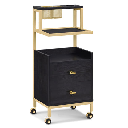 Chariot de coiffure BarberPub à roulettes et 2 tiroirs, chariot de service roulant, chariot de salon avec 2 étagères et support pour sèche-cheveux, chariot de travail moderne pour salle de bain et salon, 32 x 37 x 87 cm, 0029