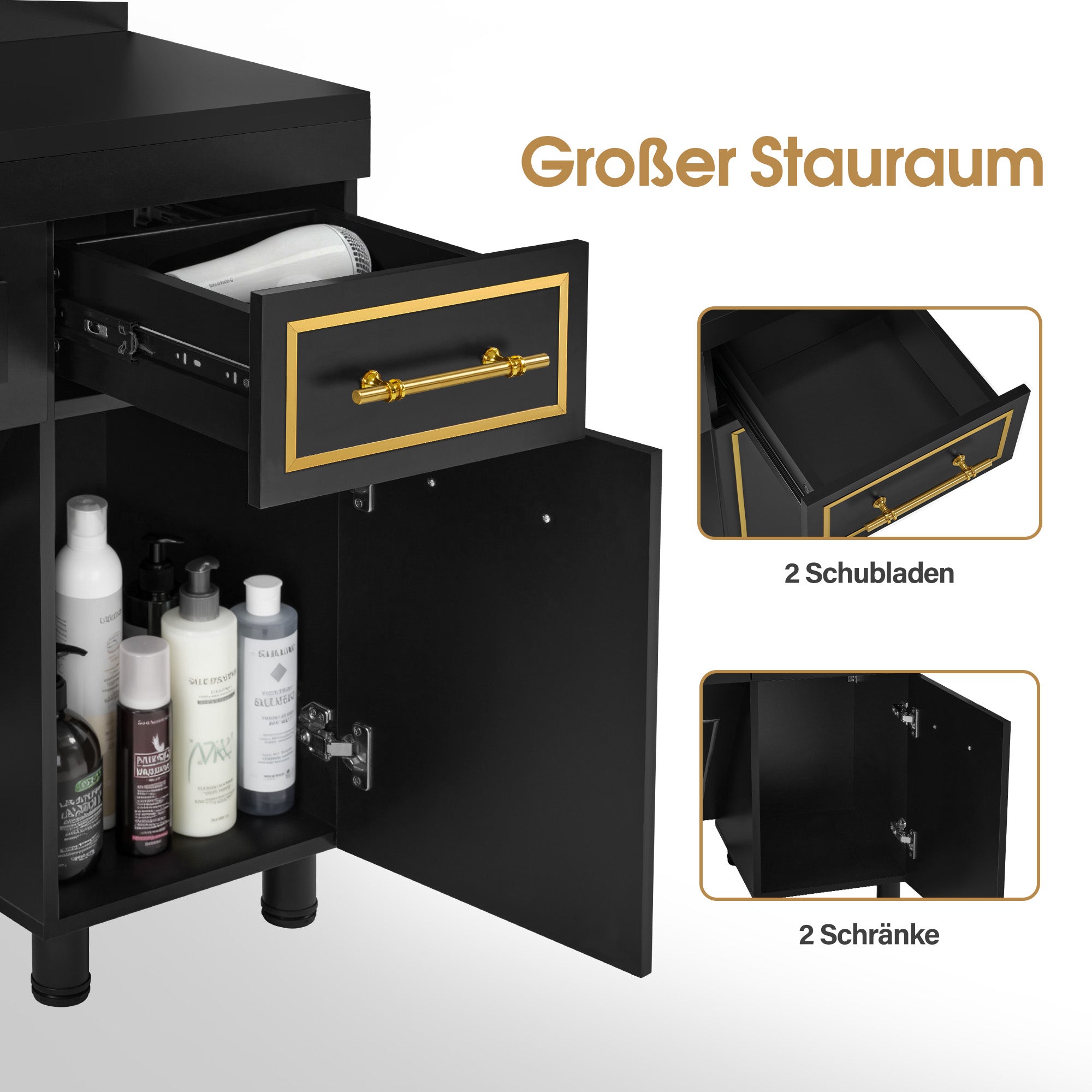 BarberPub barber station with 2 drawers, dressing table with mirror, workstation with 4 shelves &amp; 2 cabinets, wooden mirrored cabinet, mirrored table with lighting, 3161 (Black-Gold) 