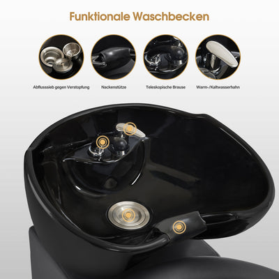 Barberpub poltrona da barbiere con lavabo, lavabo per parrucchiere in ceramica regolabile, poltrona lavatesta reclinabile con poggiapiedi, poltrona lavatesta per saloni SPA, postazione lavatesta retrò 8037 (oro-nero/PVC)