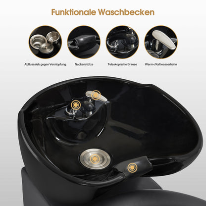 Barberpub Hairdressing Chair with Sink, Adjustable Ceramic Hairdressing Sink, Reversible Wash Chair with Footstool, Hairdressing Wash Chair for SPA Salon, Hairdresser Wash Station Retro 8037 (Gold-Black/PVC) 