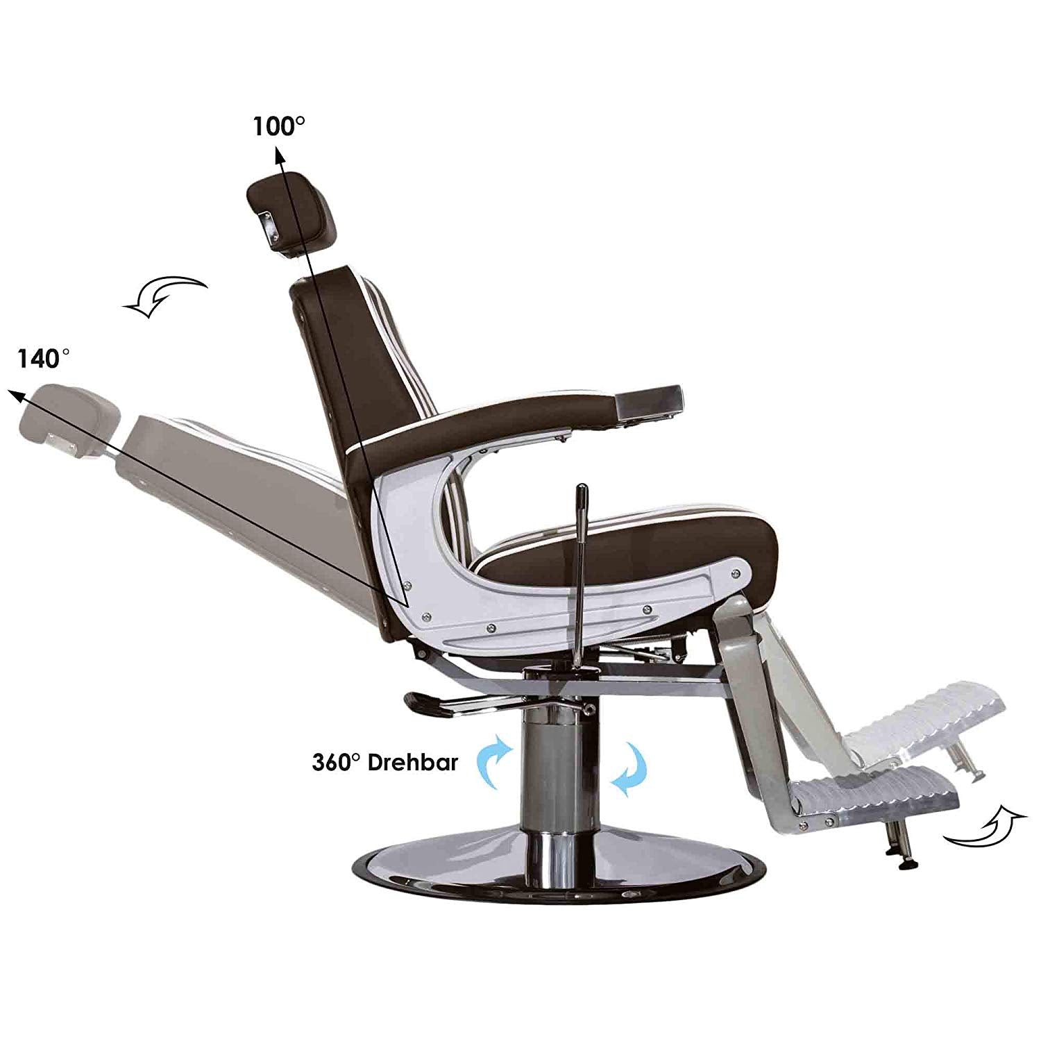 Fauteuil de barbier hydraulique Barberpub 3810BR, fauteuil de barbier au style rétro/vintage, fauteuil opératoire équipement de coiffure salon SPA inclinable à 140°, simili cuir, 51 × 48 × 107 cm 