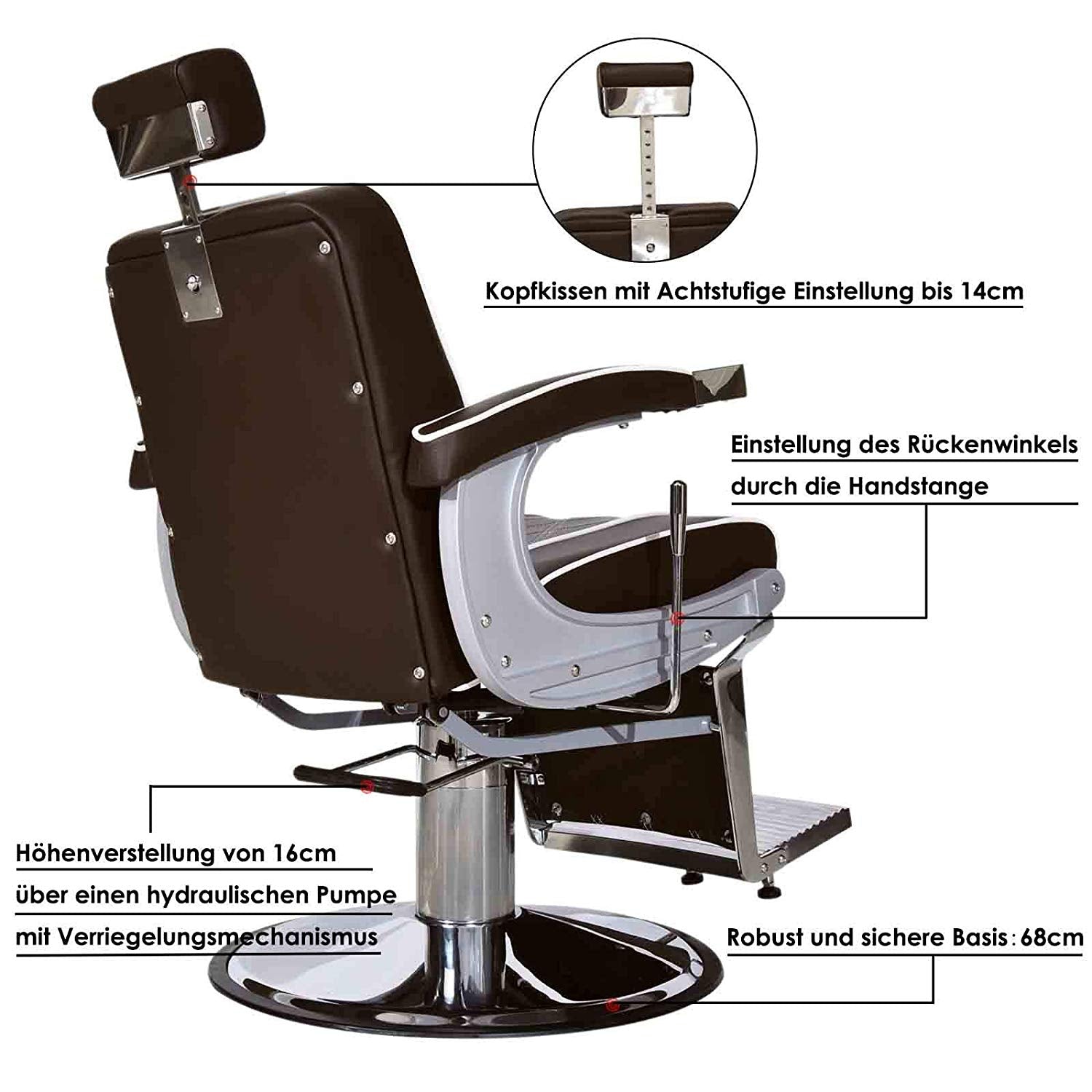 Fauteuil de barbier hydraulique Barberpub 3810BR, fauteuil de barbier au style rétro/vintage, fauteuil opératoire équipement de coiffure salon SPA inclinable à 140°, simili cuir, 51 × 48 × 107 cm 