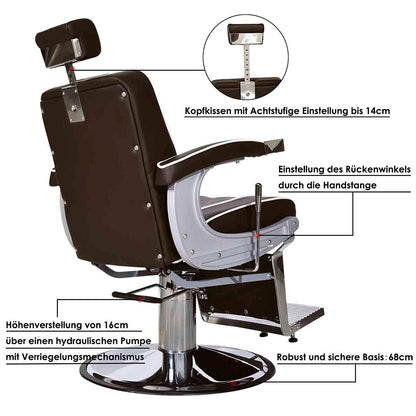 Fauteuil de barbier hydraulique Barberpub 3810BR, fauteuil de barbier au style rétro/vintage, fauteuil opératoire équipement de coiffure salon SPA inclinable à 140°, simili cuir, 51 × 48 × 107 cm 