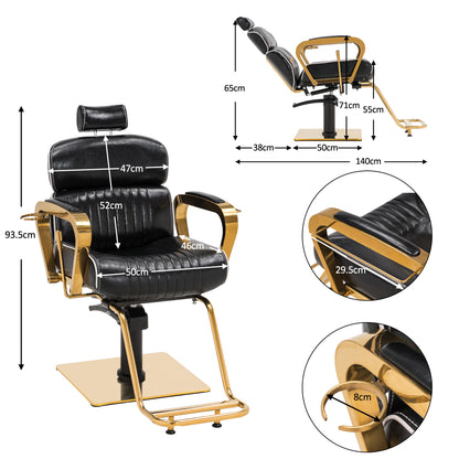 Fauteuil de coiffure Barberpub avec appui-tête, réglable en hauteur et inclinable, style rétro vintage, similicuir, 3078 (noir et or)