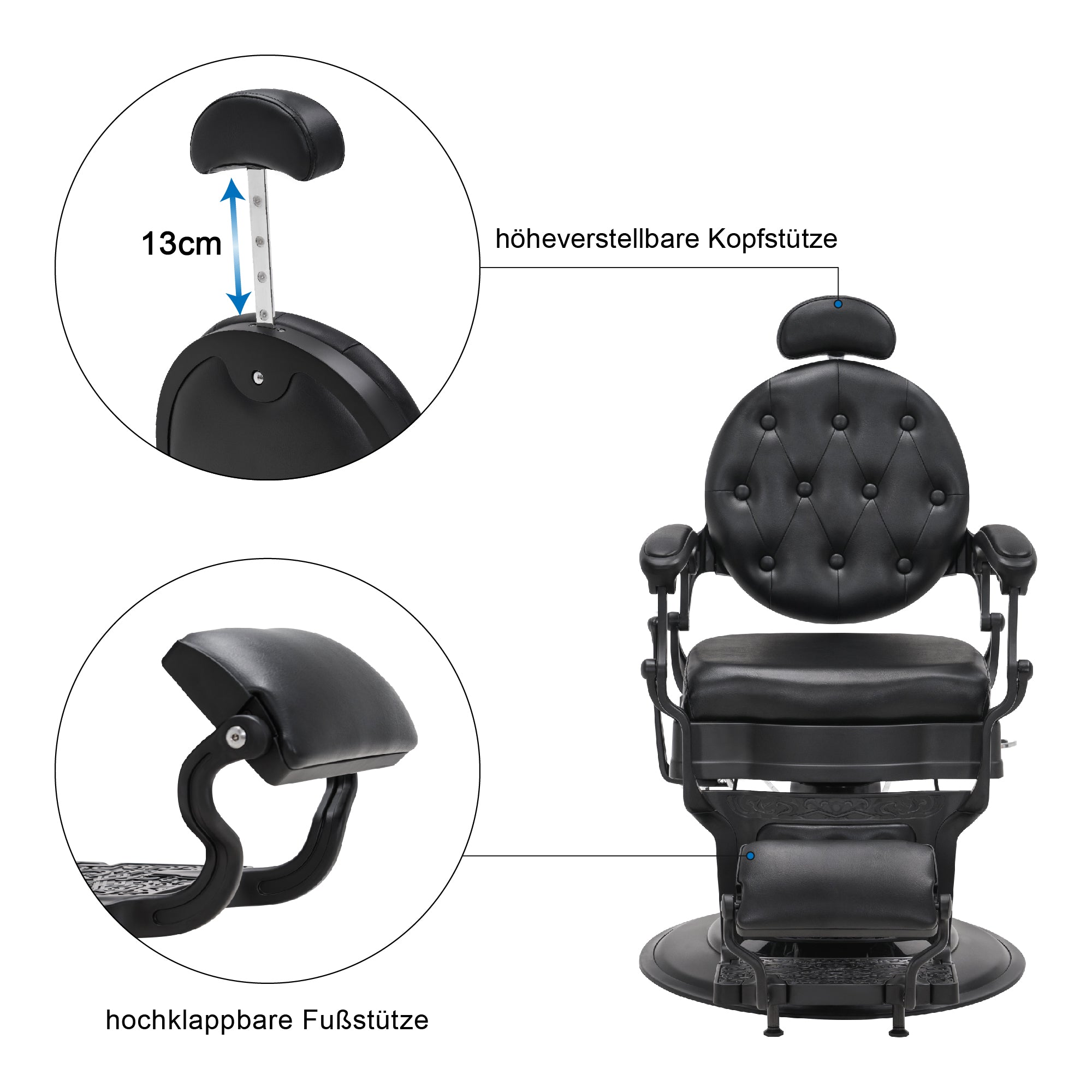 Barberpub hairdressing chair with retro/vintage style, matte black 2933BK, with retro/vintage style, 360° rotatable, imitation leather, 113 × 68 × 109 cm