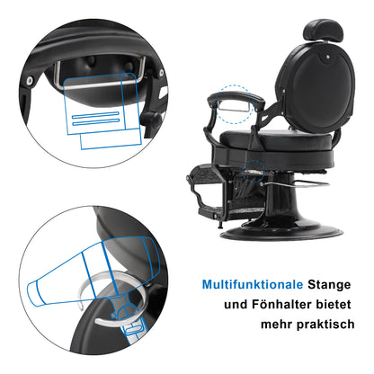 Barberpub hairdressing chair with retro/vintage style, matte black 2933BK, with retro/vintage style, 360° rotatable, imitation leather, 113 × 68 × 109 cm