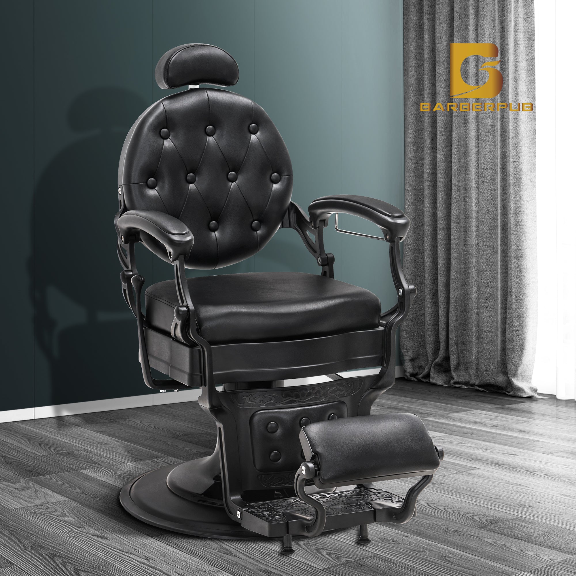 Barberpub hairdressing chair with retro/vintage style, matte black 2933BK, with retro/vintage style, 360° rotatable, imitation leather, 113 × 68 × 109 cm